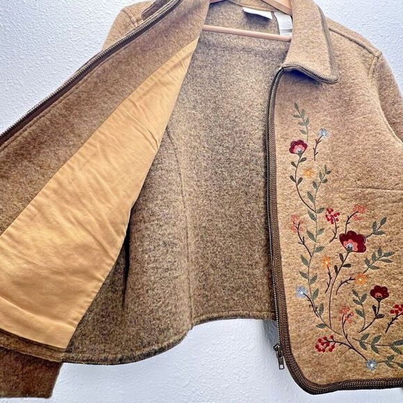 Wool Liz Claiborne western country brown Blazer cozy Jacket zip  flower ‎ L. - Picture 10 of 12